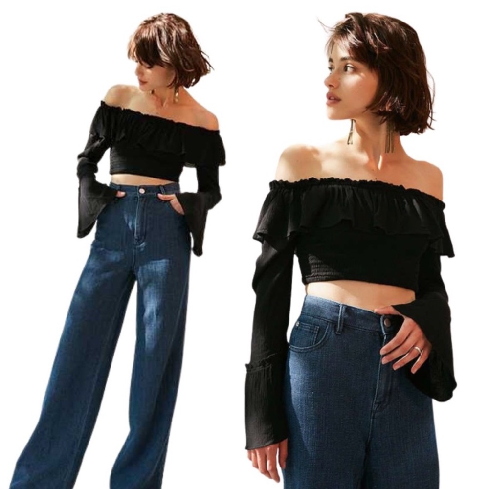 Kimchi Blue Black Off the Shoulder Long Sleeve Ruffle Boho Top - Size Large